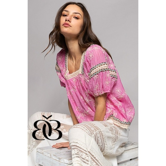 POL Pink Floral Embroidered Square Neck Chiffon Top Oversized - Picture 5 of 10